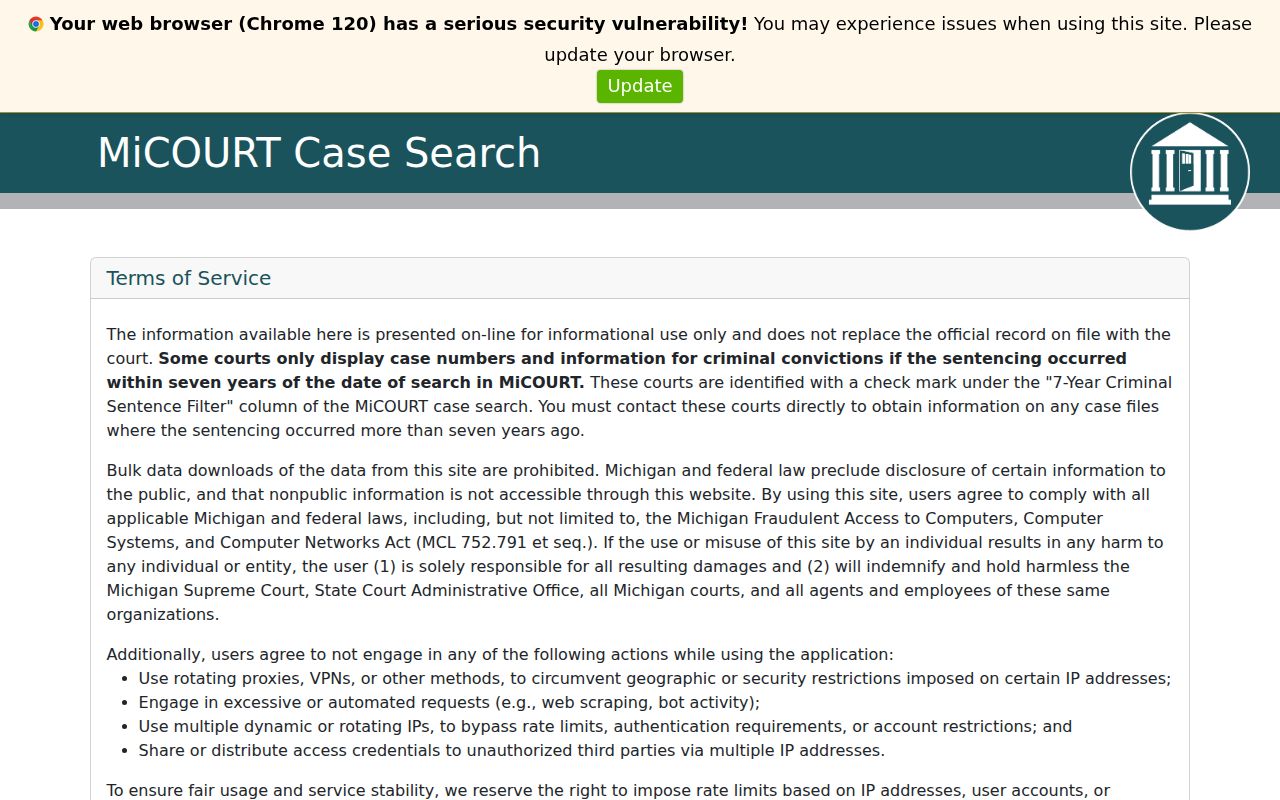 MiCOURT search interface for Lenawee County criminal case records
