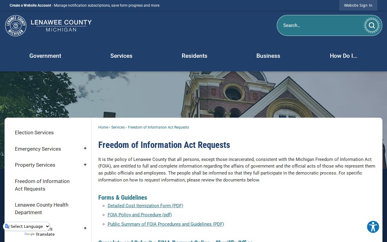 Lenawee County criminal records FOIA request page